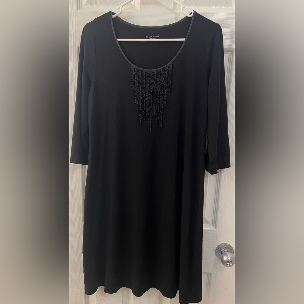 Eileen Fisher Small Black Ruffle Bib A-Line Pullover 3/4 Length Sleeve Dress